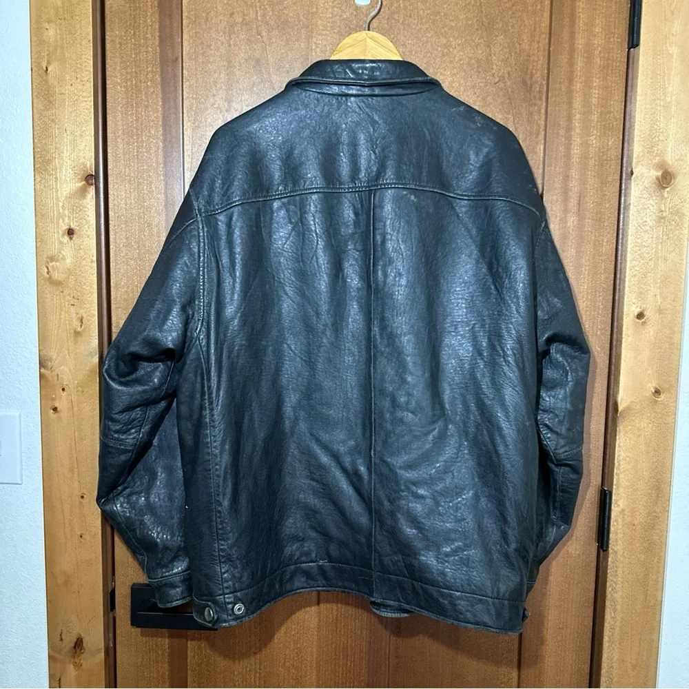 Vintage Black‎ Leather Bomber Jacket Mens XL Distressed Worn Grunge Repair